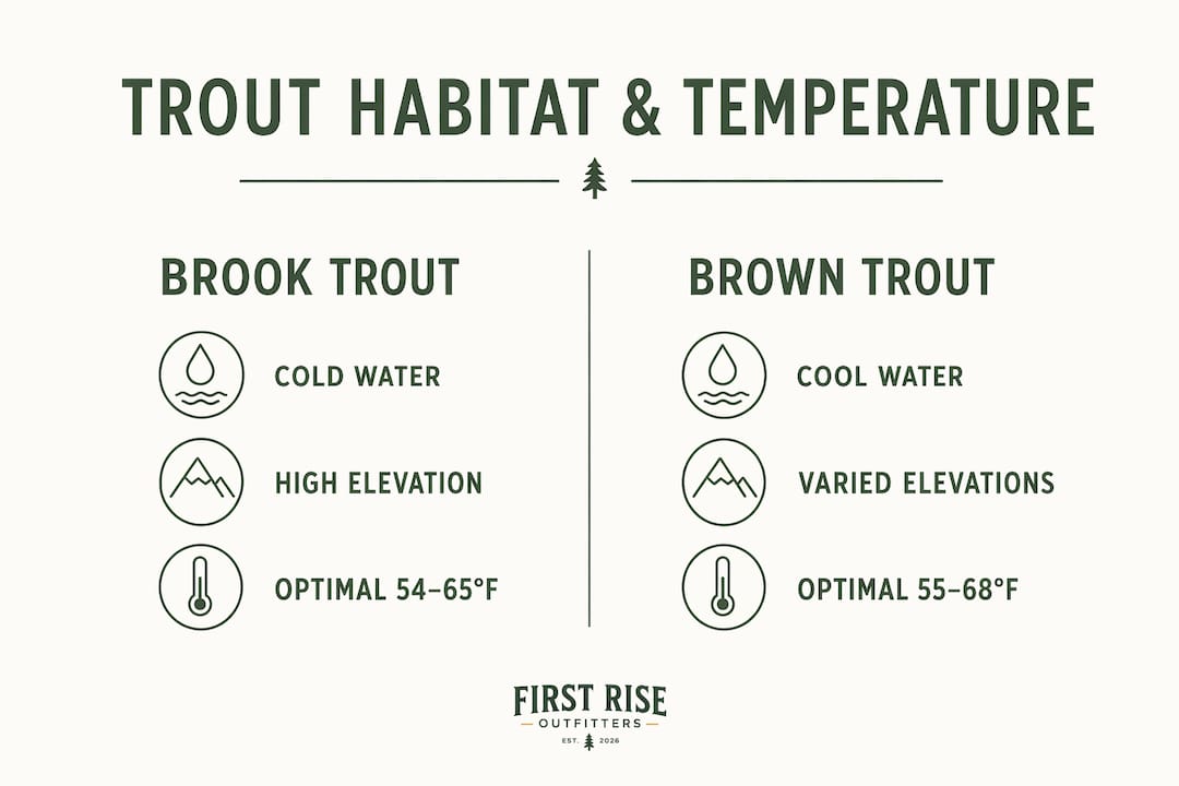 Infographic comparing brook and brown trout habitat and temperature preferences