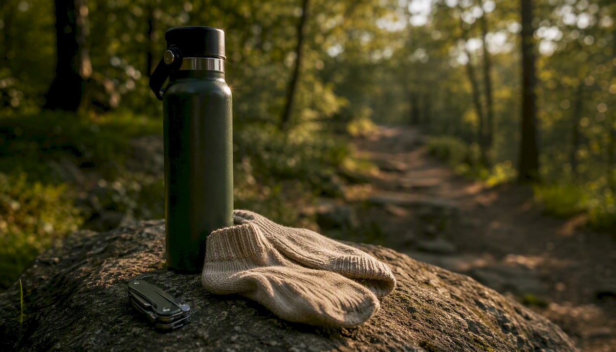 Close-up of insulated bottle, socks, and multi-tool on rock