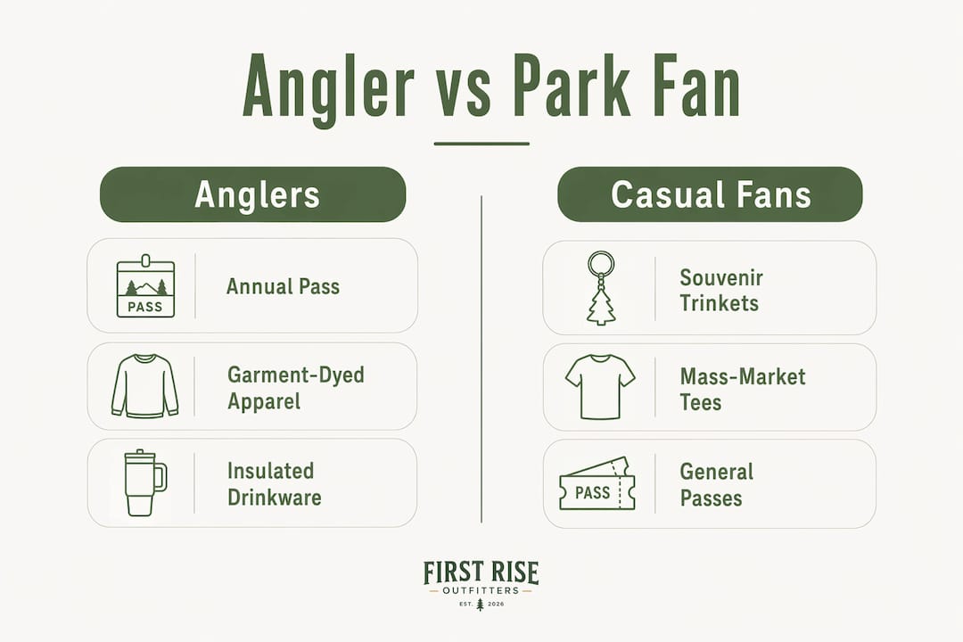 Infographic comparing gifts for anglers and casual park fans