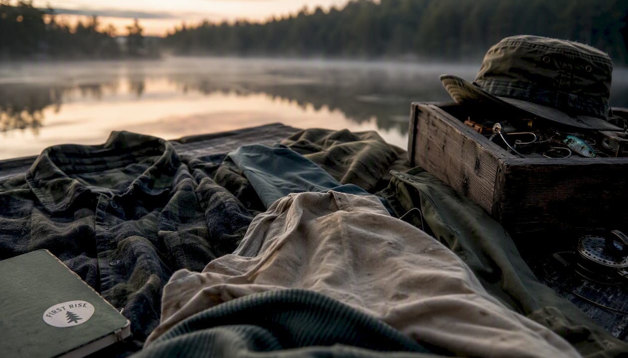 Earth tone fishing clothes and gear at campsite