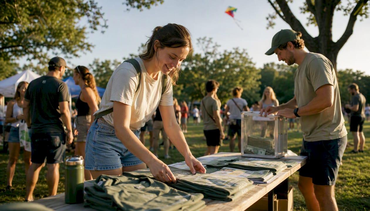 Volunteers organizing wildlife tees at fundraiser