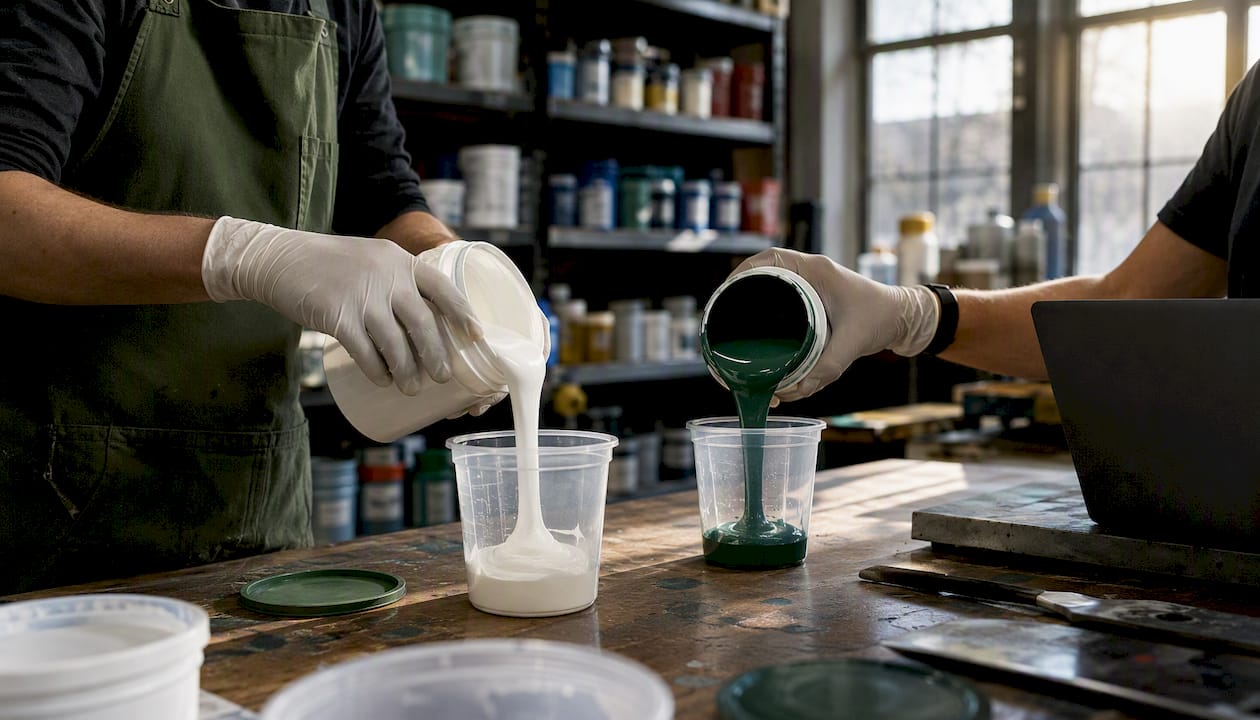Close-up hands holding plastisol and water-based inks