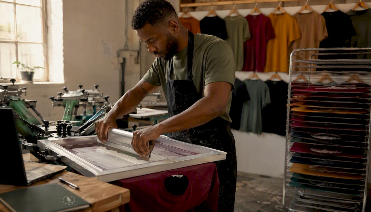 Artist printing white plastisol ink on dark t-shirt