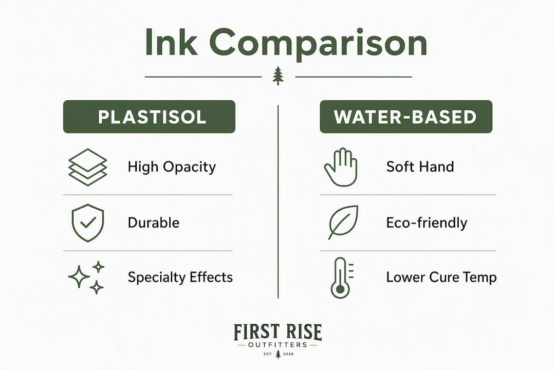 Side-by-side infographic comparing plastisol and water-based inks