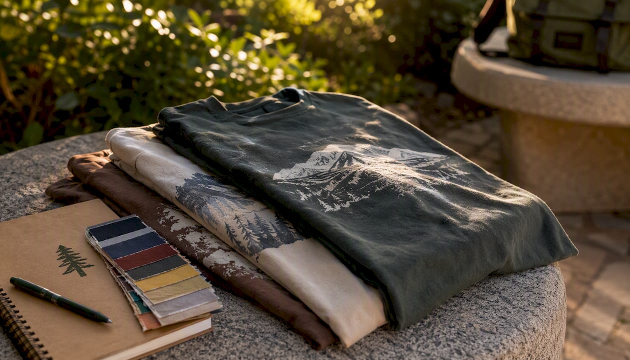 Close-up of folded graphic tees with different fabrics and prints