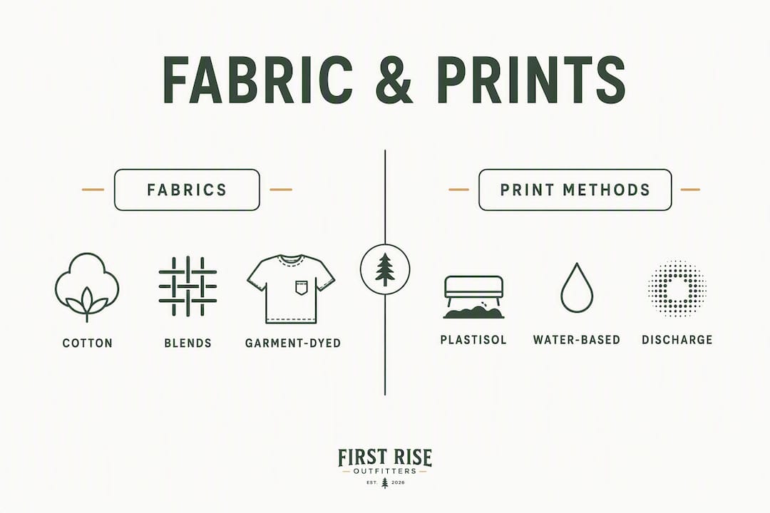 Infographic comparing fabrics and print methods durability for outdoor tees