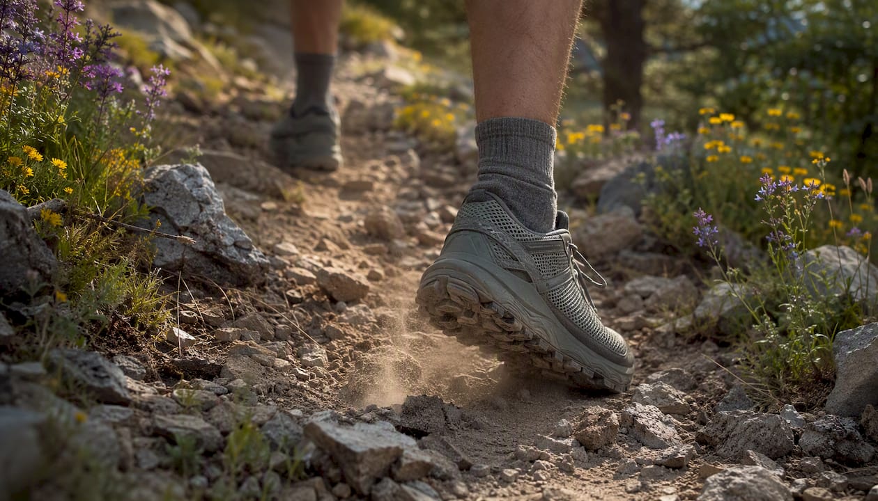 Trail runners on rocky summer trail