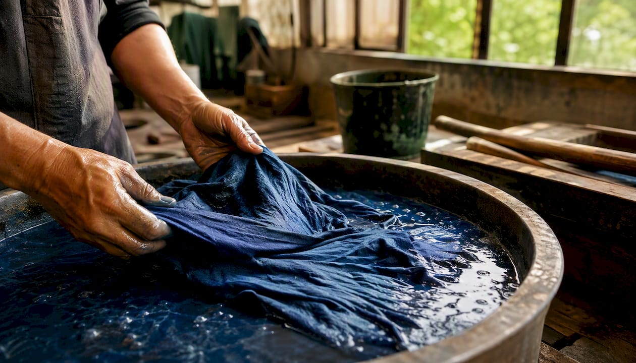 Close-up of garment dyeing sustainable t-shirt in vat