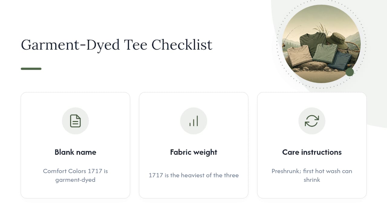 Checklist infographic for garment-dyed tee purchase details