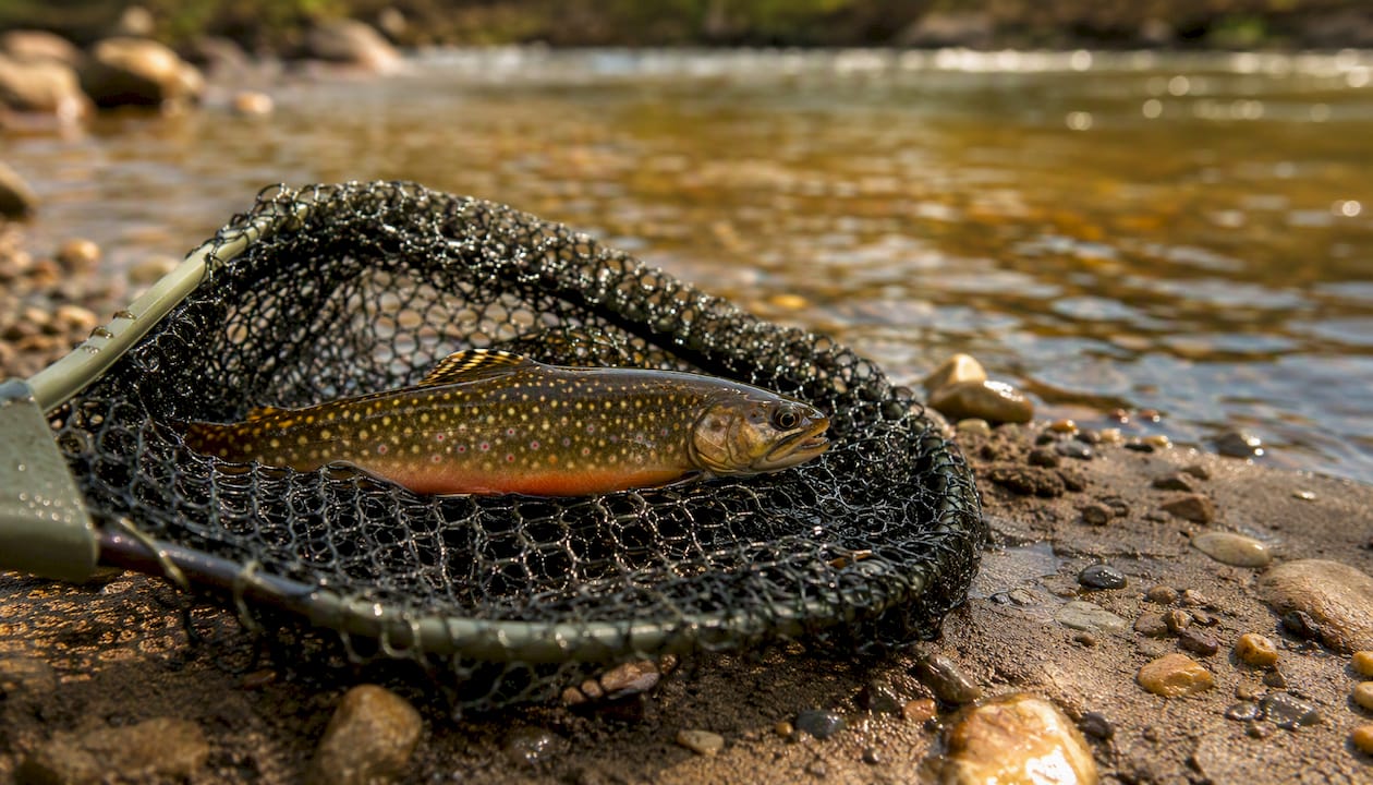 Trout in rubber knotless fishing net