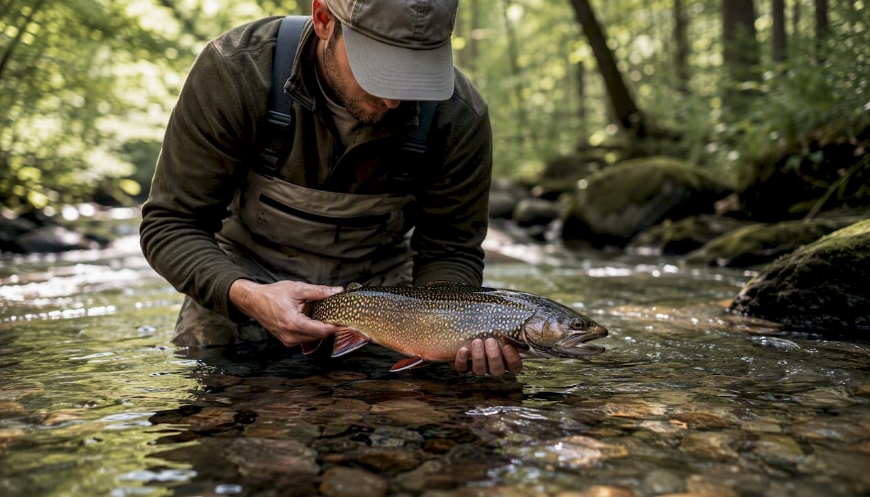 Angler supporting trout horizontally over river
