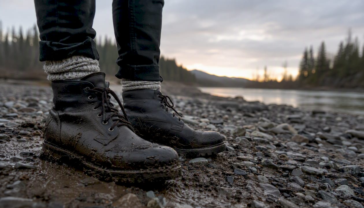 Waterproof boots and wool socks on muddy ground