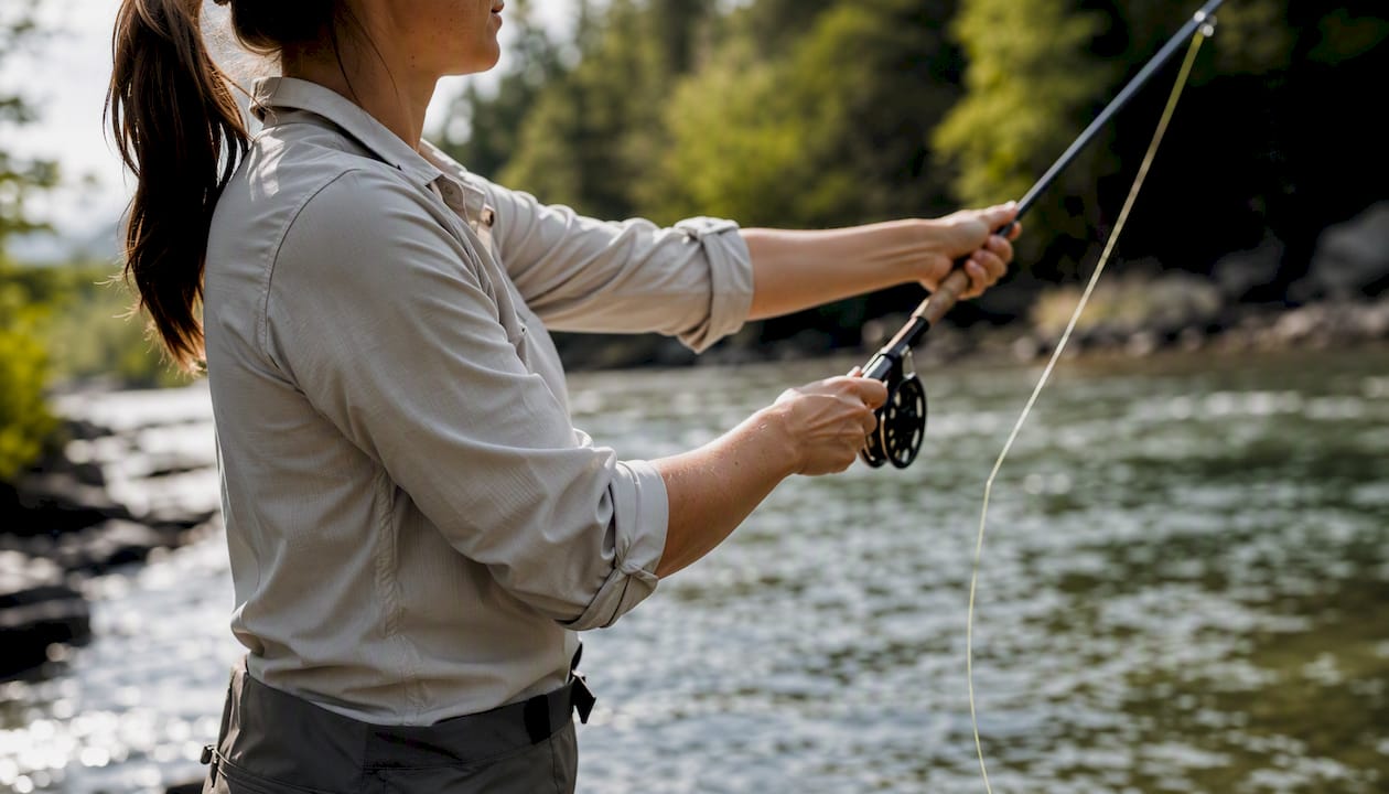 Woman mid-cast wearing sun-protective fishing shirt