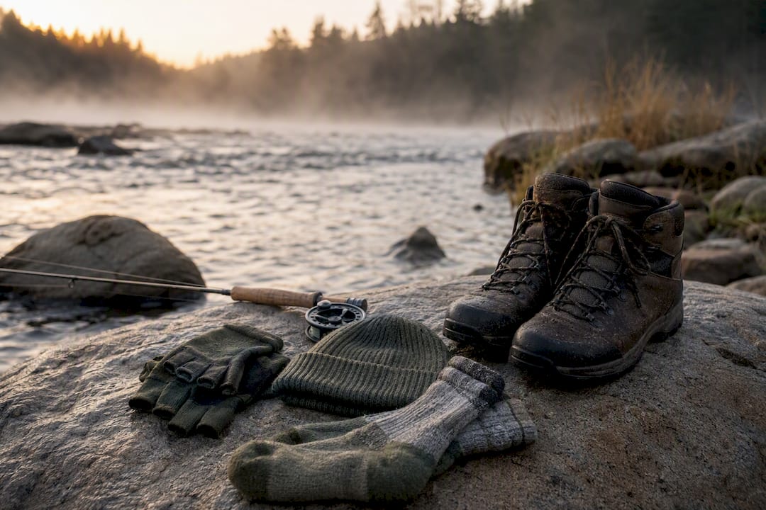 Warm fishing accessories on riverbank