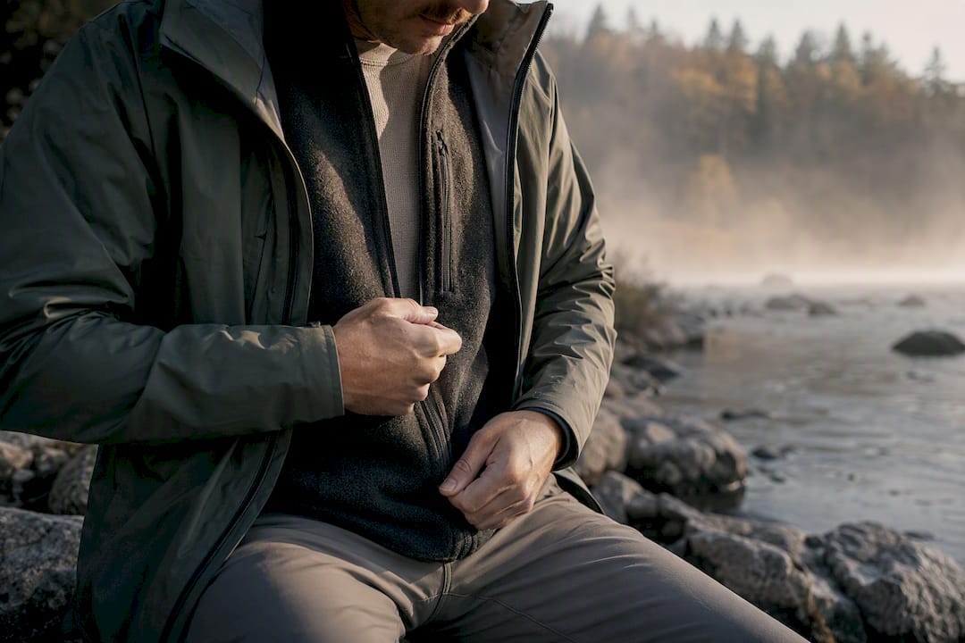 Angler wearing layered outfit for temperature changes
