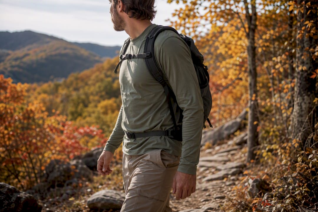 Hiker in muted tones walking wooded trail