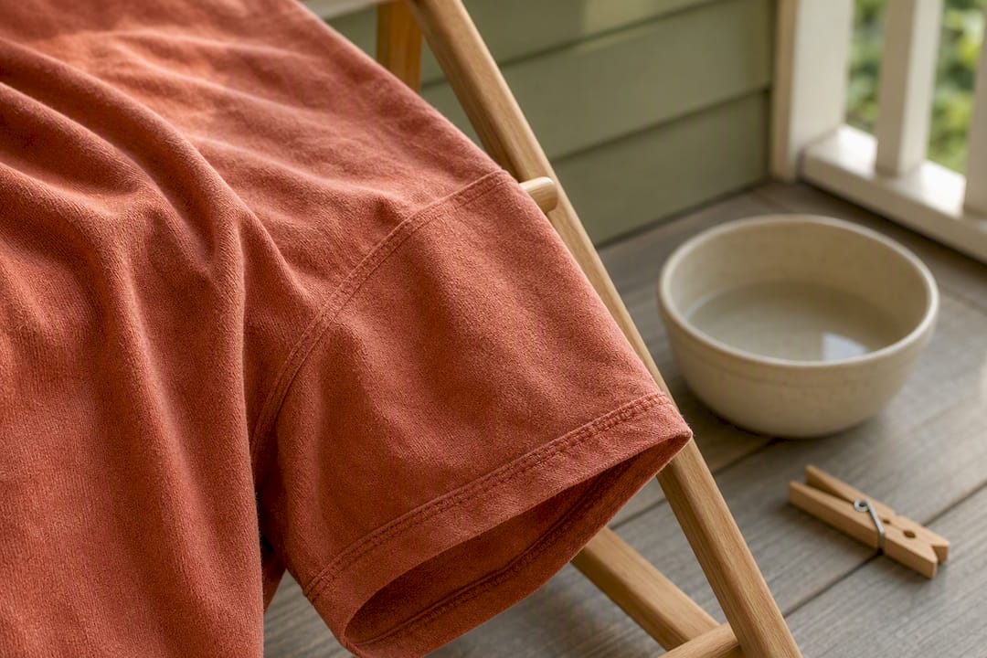Cotton garment drying on wooden rack