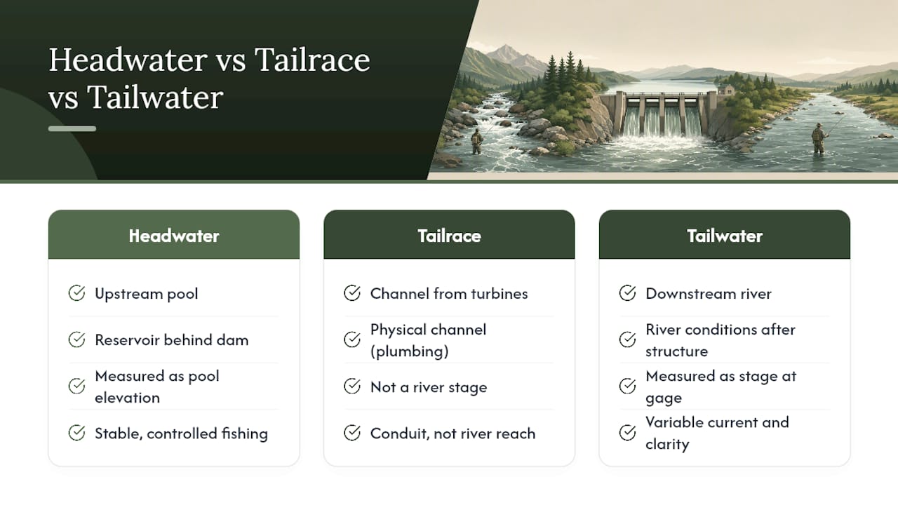 Tailwater Meaning: How It Differs From Headwater and Tailrace — overview diagram