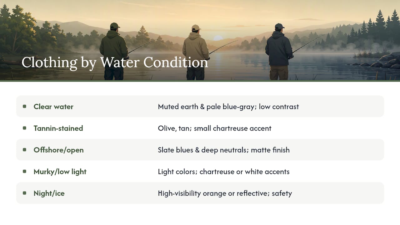 Fishing clothing colors by water condition