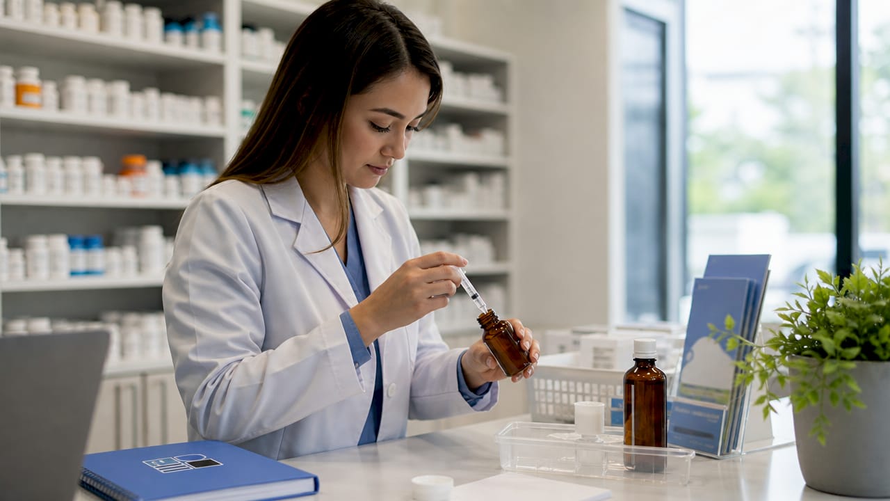 Pharmacist preparing antipsychotic medication bottle