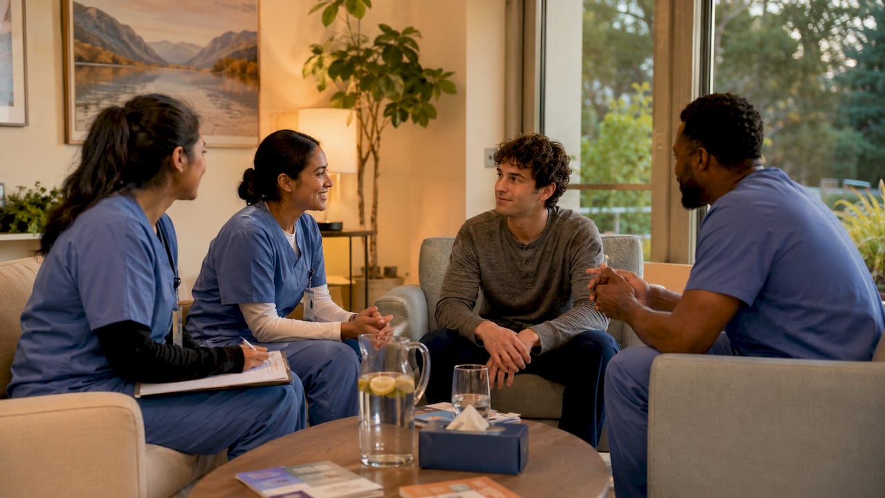 Inpatient psychiatric lounge with nurse and patient interacting