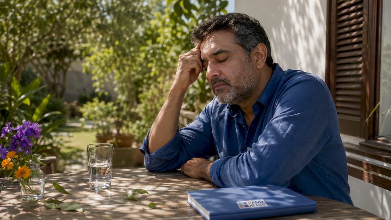 Man showing signs of mental exhaustion at kitchen table