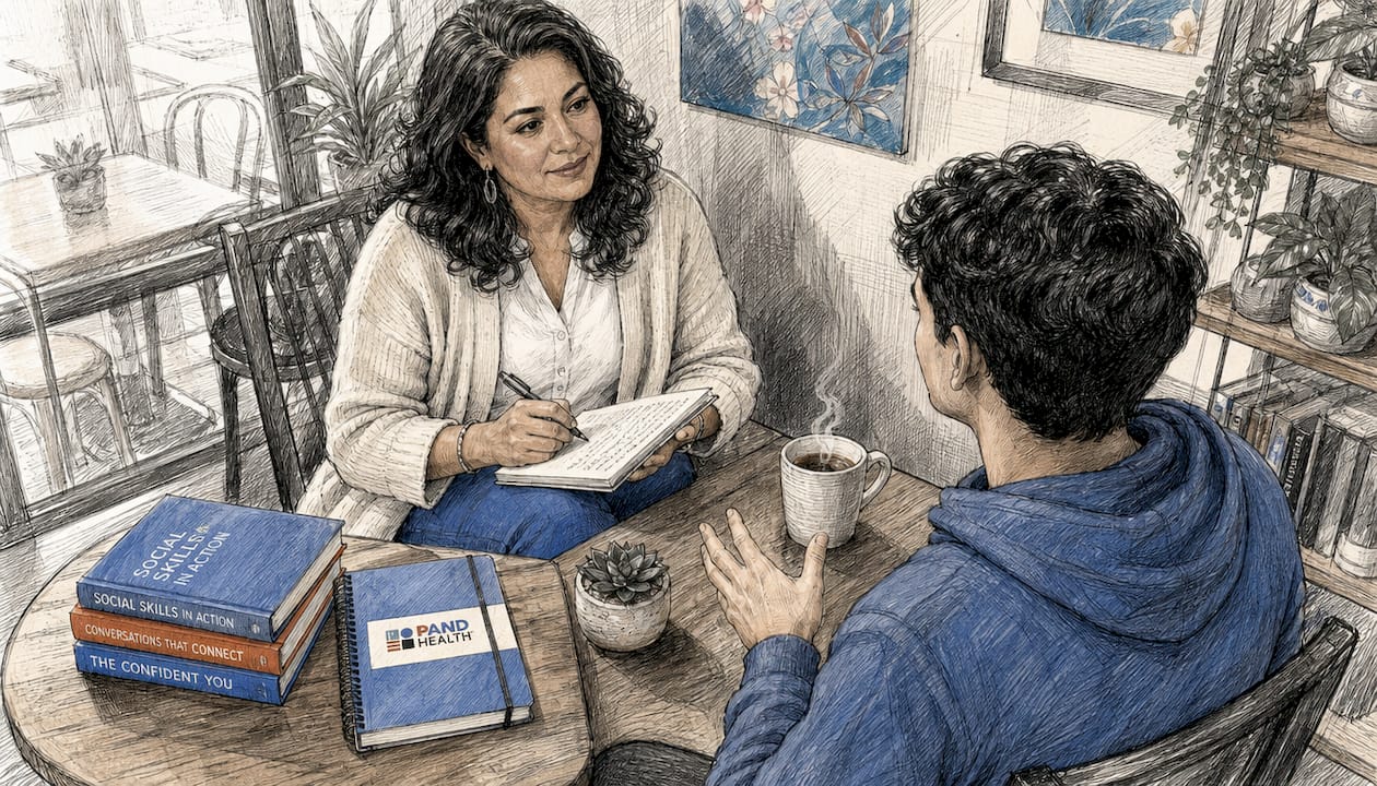 Therapist coaching young man in role-play exercise