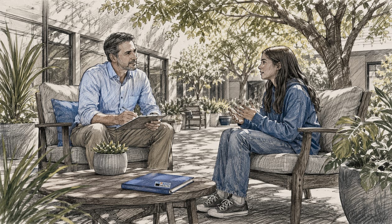 Therapist and teen in supportive clinic setting