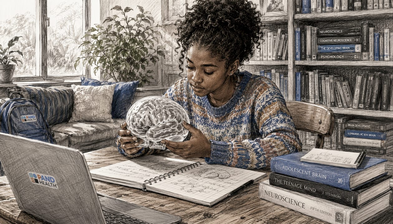 Teenage student studying brain model in class