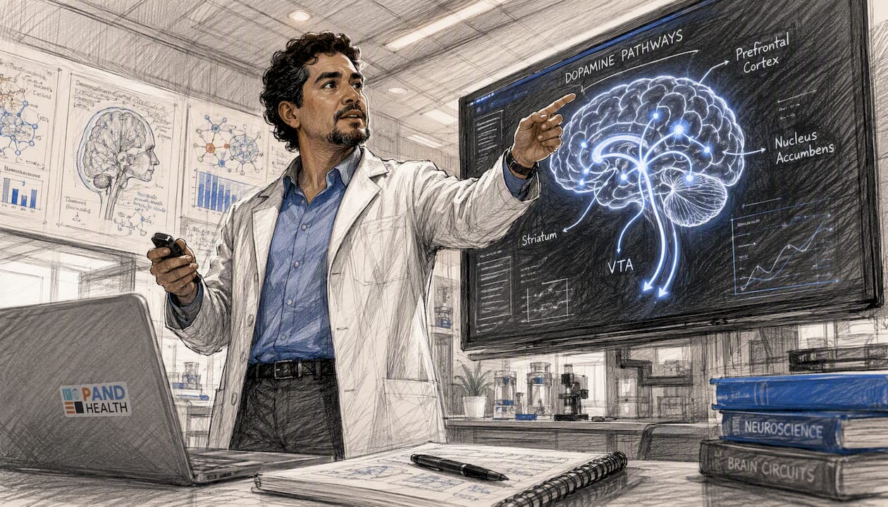 Researcher explaining brain dopamine pathways related to cannabis
