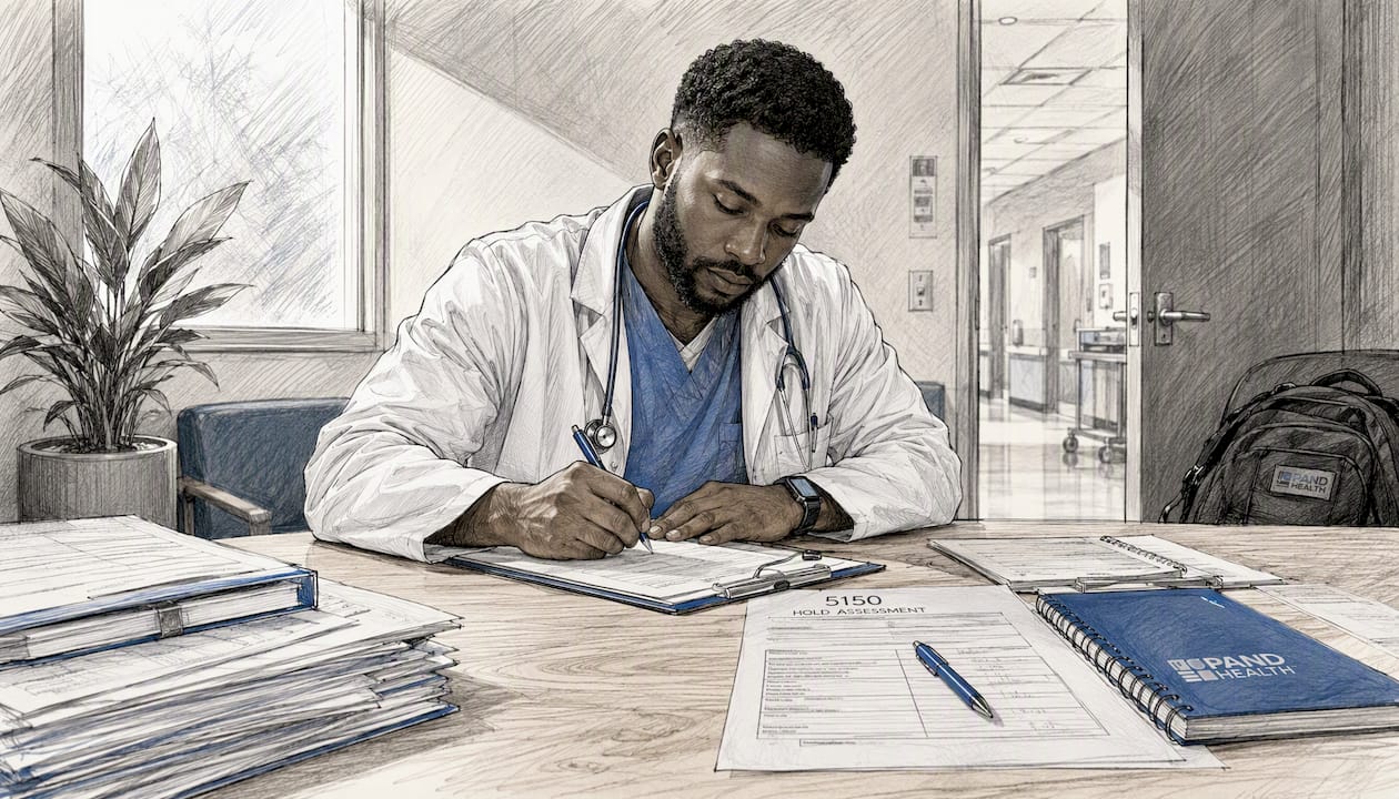 Clinician reviewing patient charts in hospital room