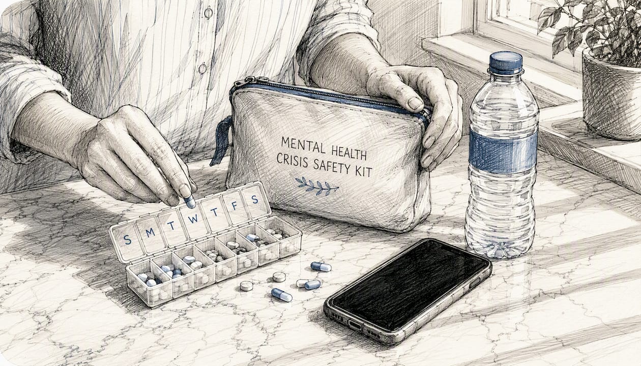 Hands assembling mental health safety kit