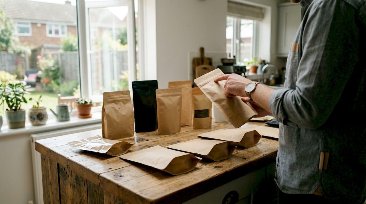 Close-up of diverse coffee packaging materials