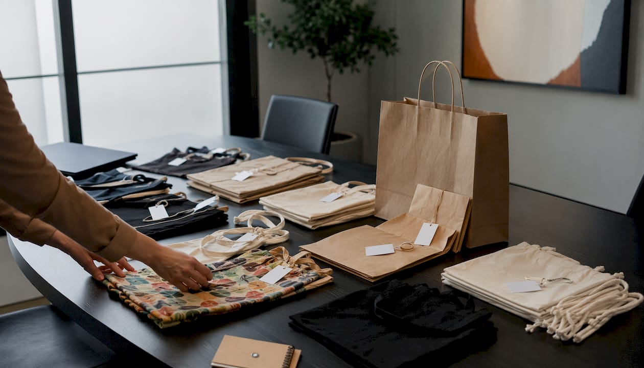 Close-up of sample bags with price tags