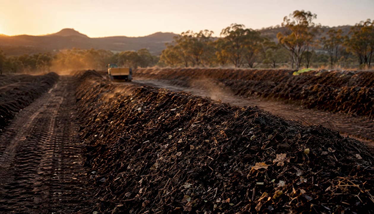 Wide view of windrow composting rows outdoors