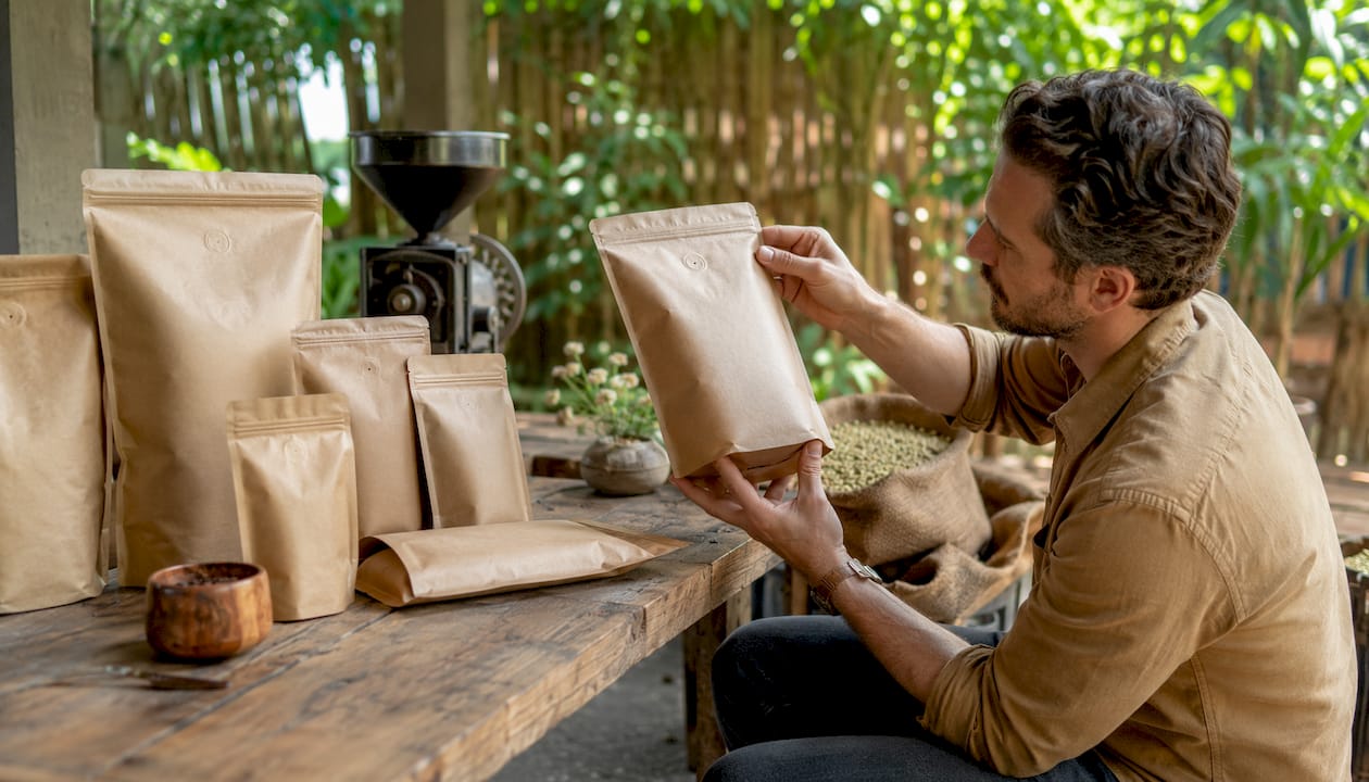 Roaster comparing kraft paper coffee bags