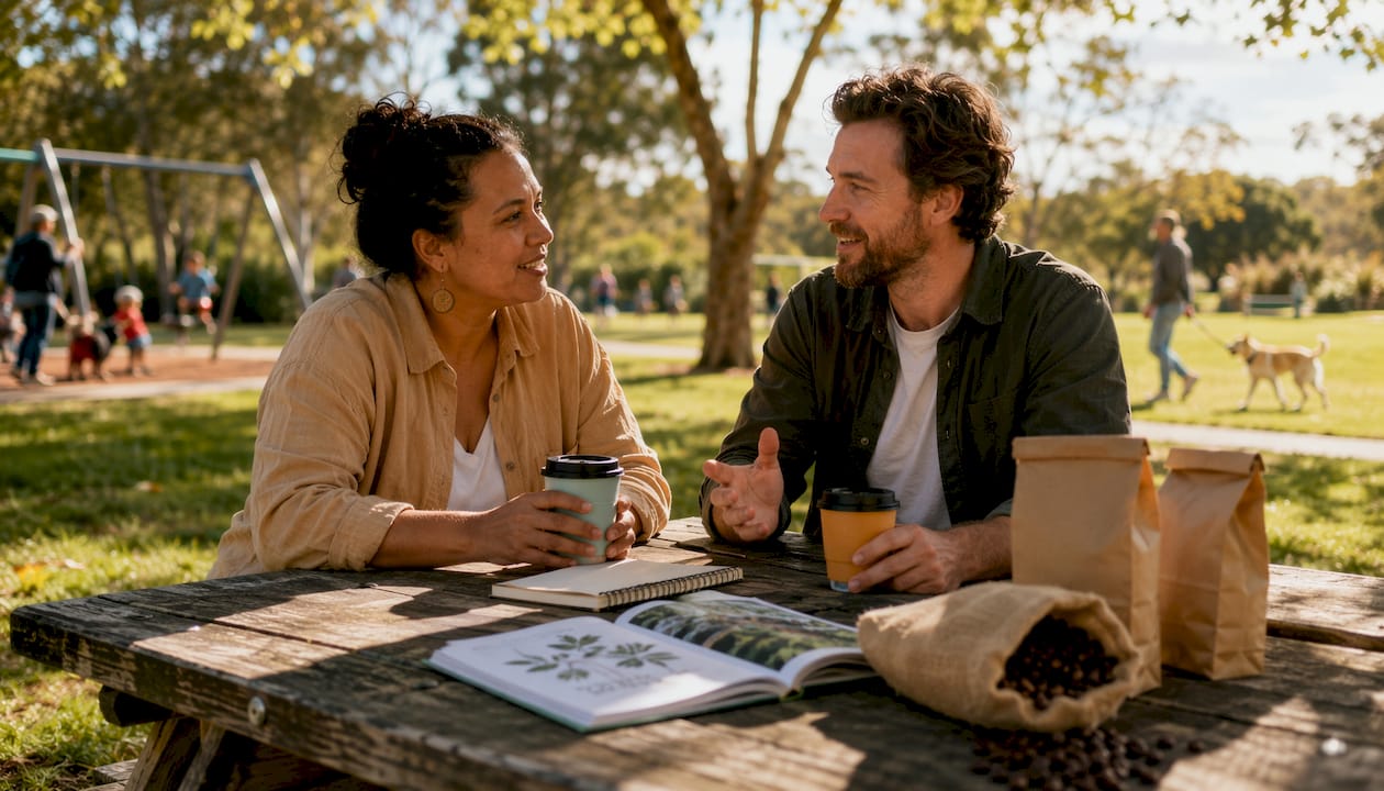 Café owners planning sustainable coffee sourcing