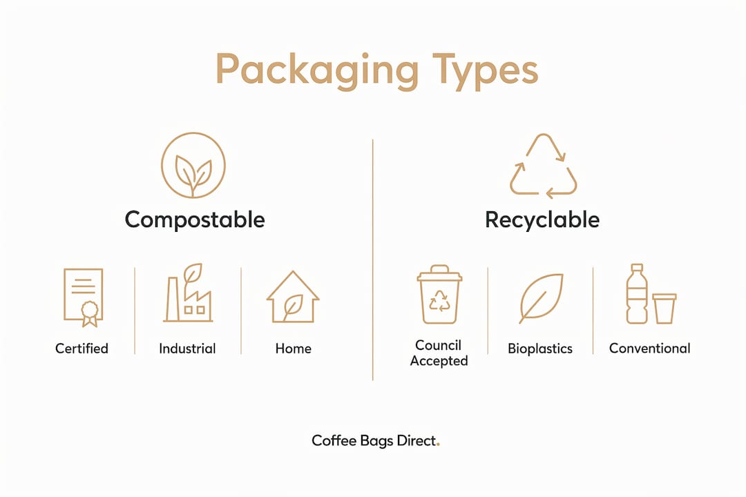 Infographic comparing compostable versus recyclable packaging types