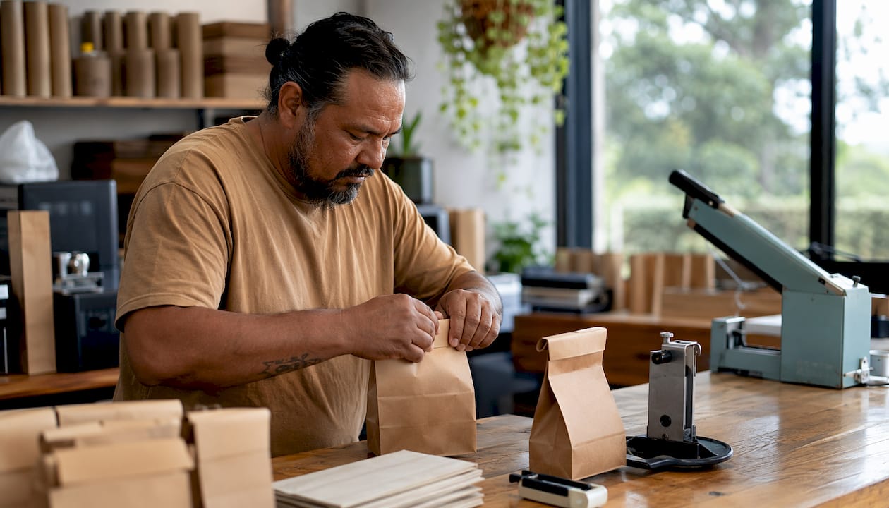 Hands assembling eco-friendly coffee bags