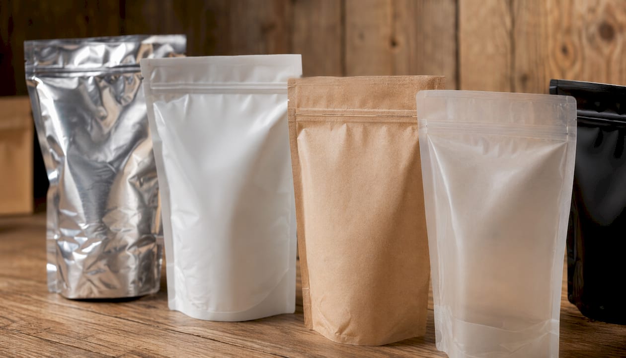 Close-up of various coffee pouch barrier materials