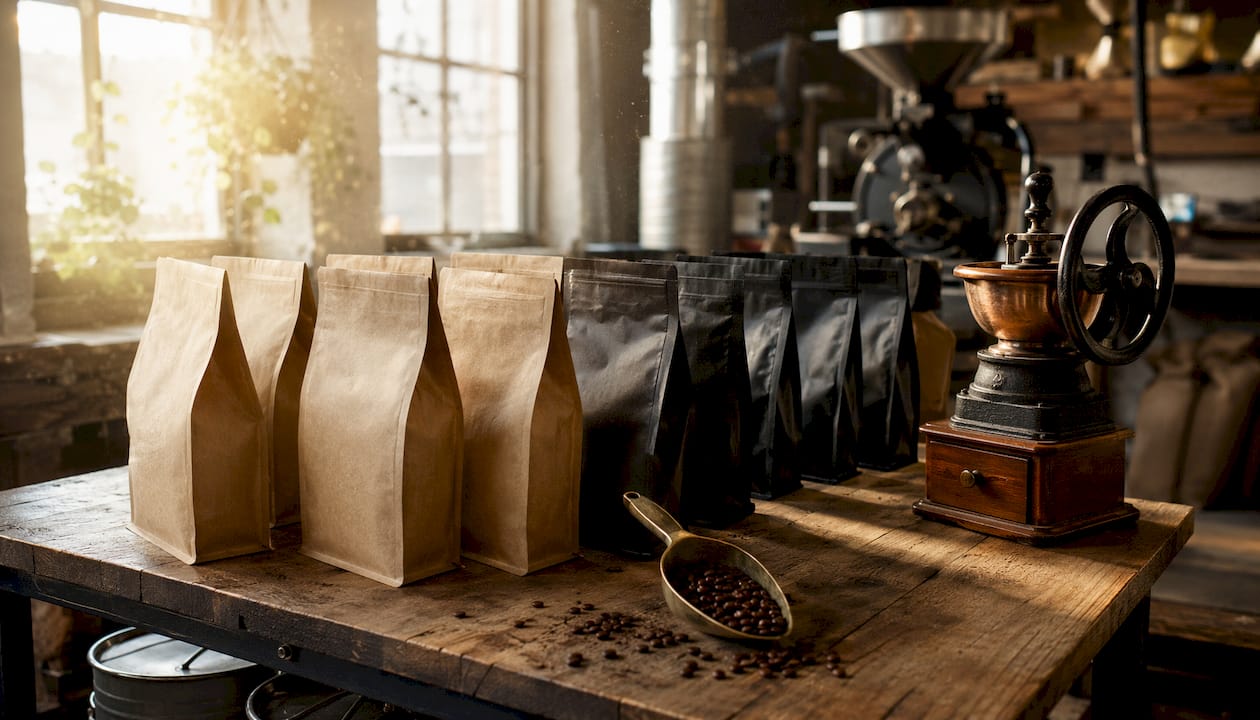 Side gusset coffee bags on shelf in roasting workshop