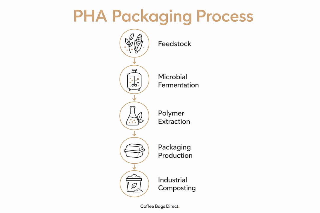 Infographic outlining PHA packaging production steps