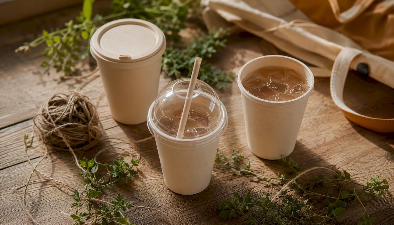 Compostable bamboo fiber iced coffee cups overhead