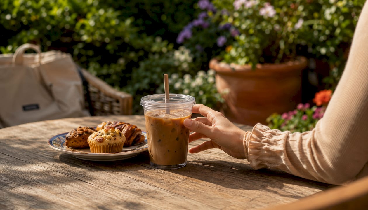 Hand holding reusable Tritan iced coffee cup