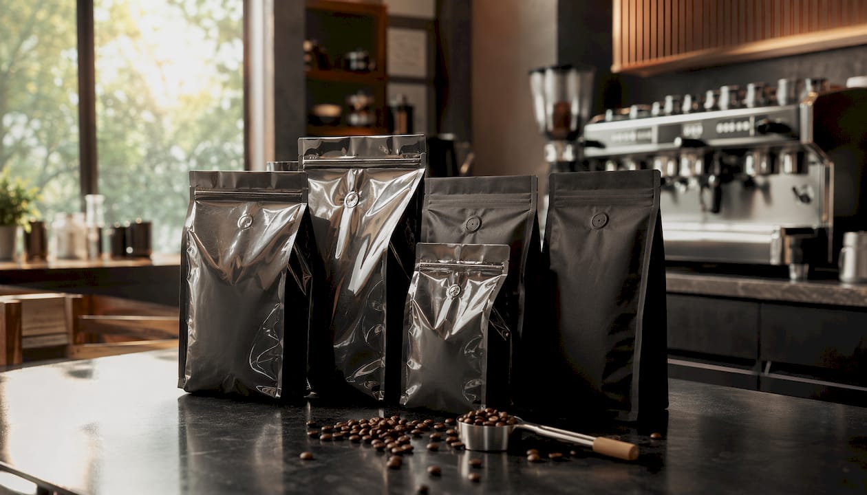 Close-up overhead of foil laminate and compostable coffee bags