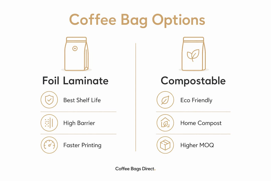 Infographic comparing foil laminate and compostable coffee bag materials