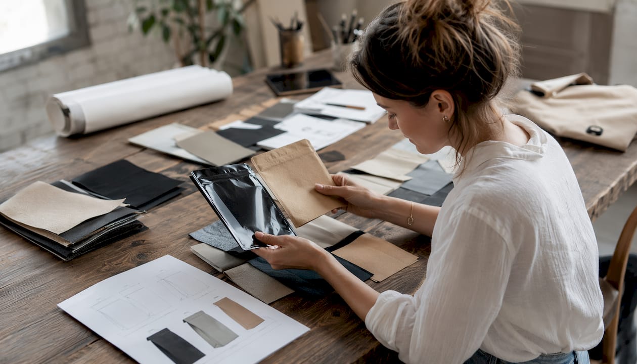 Packaging specialist comparing coffee bag material samples