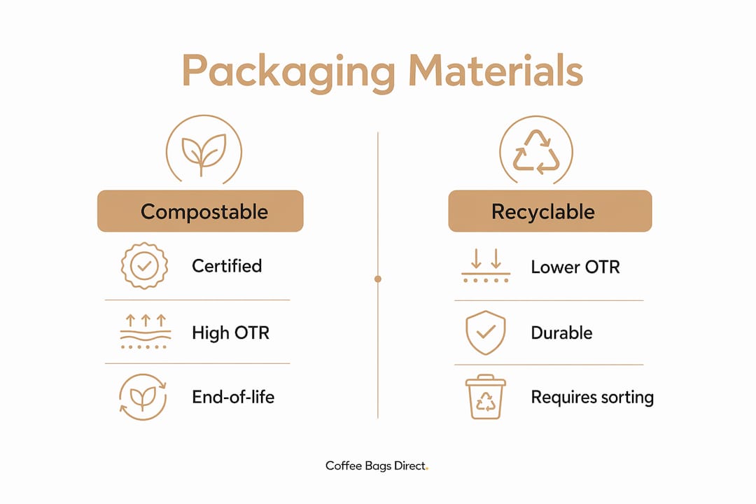Infographic comparing compostable and recyclable coffee bag materials