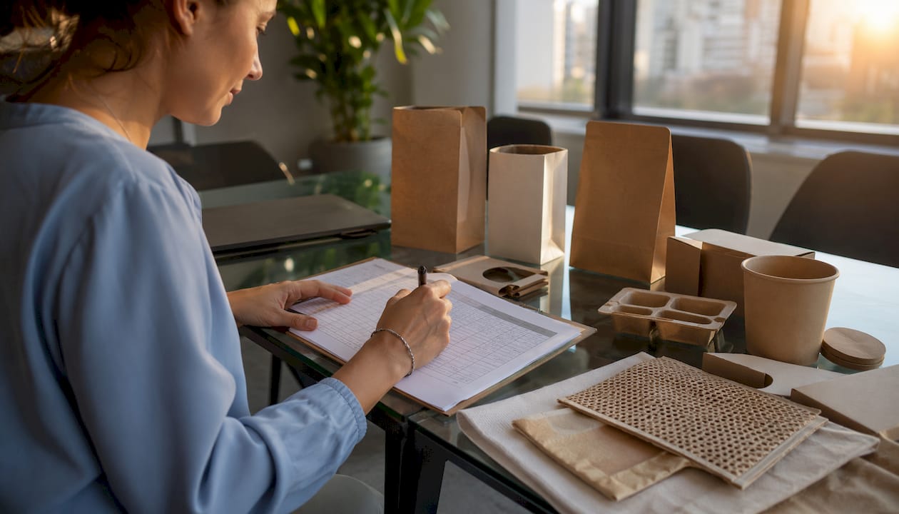 Hands reviewing packaging certification checklist