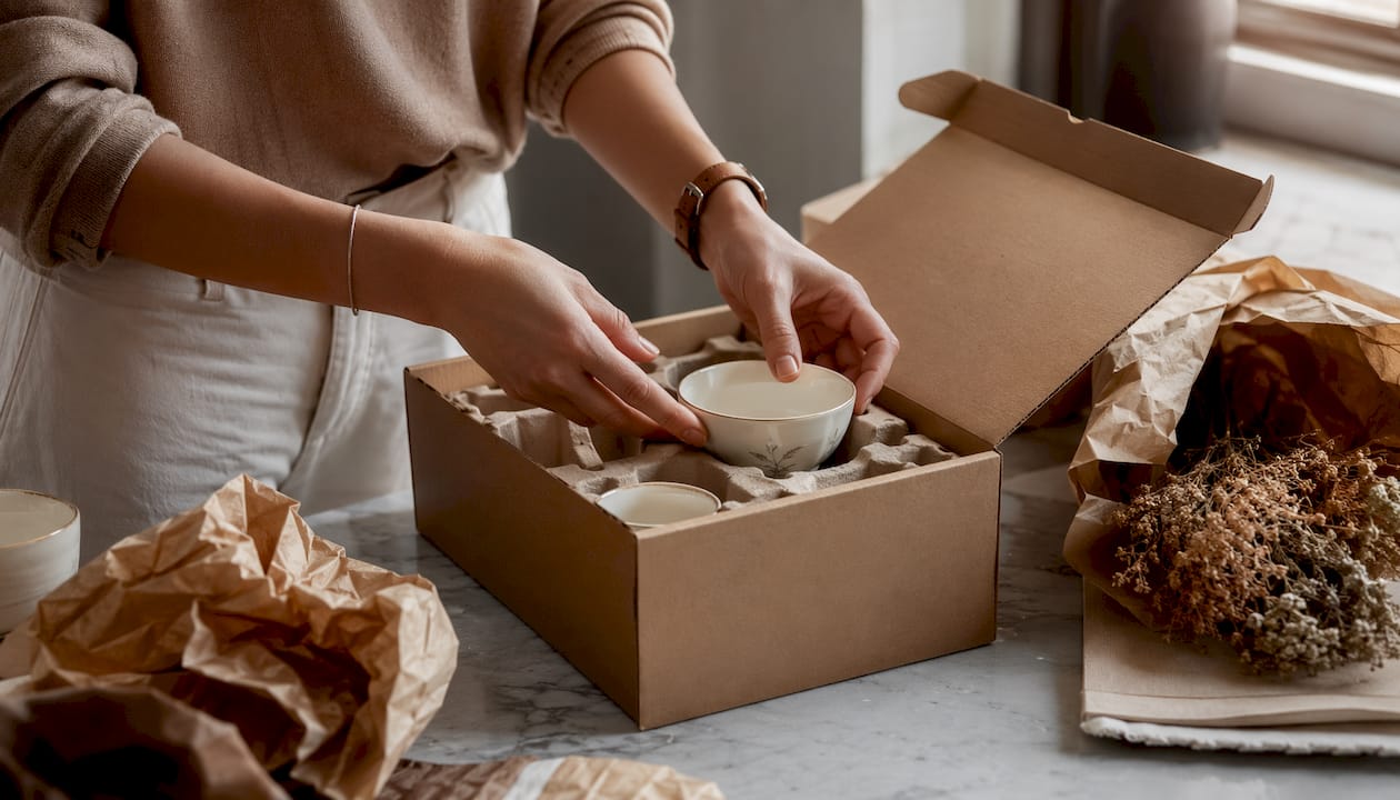 Hands packing fragile products into molded fiber trays